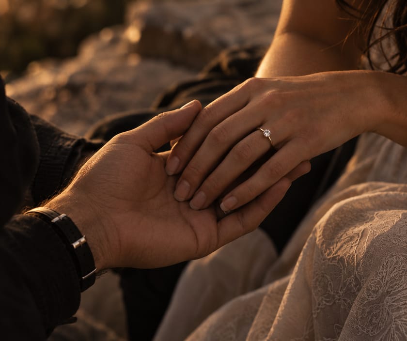 Her hand resting on top of his, the new ring on her finger.