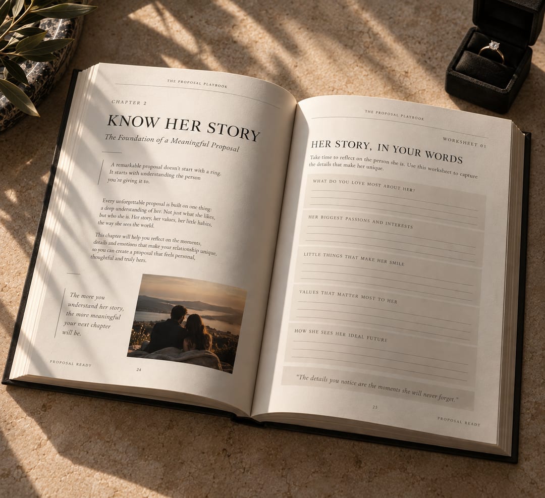The Playbook open to a two-page spread about understanding what she would actually want.