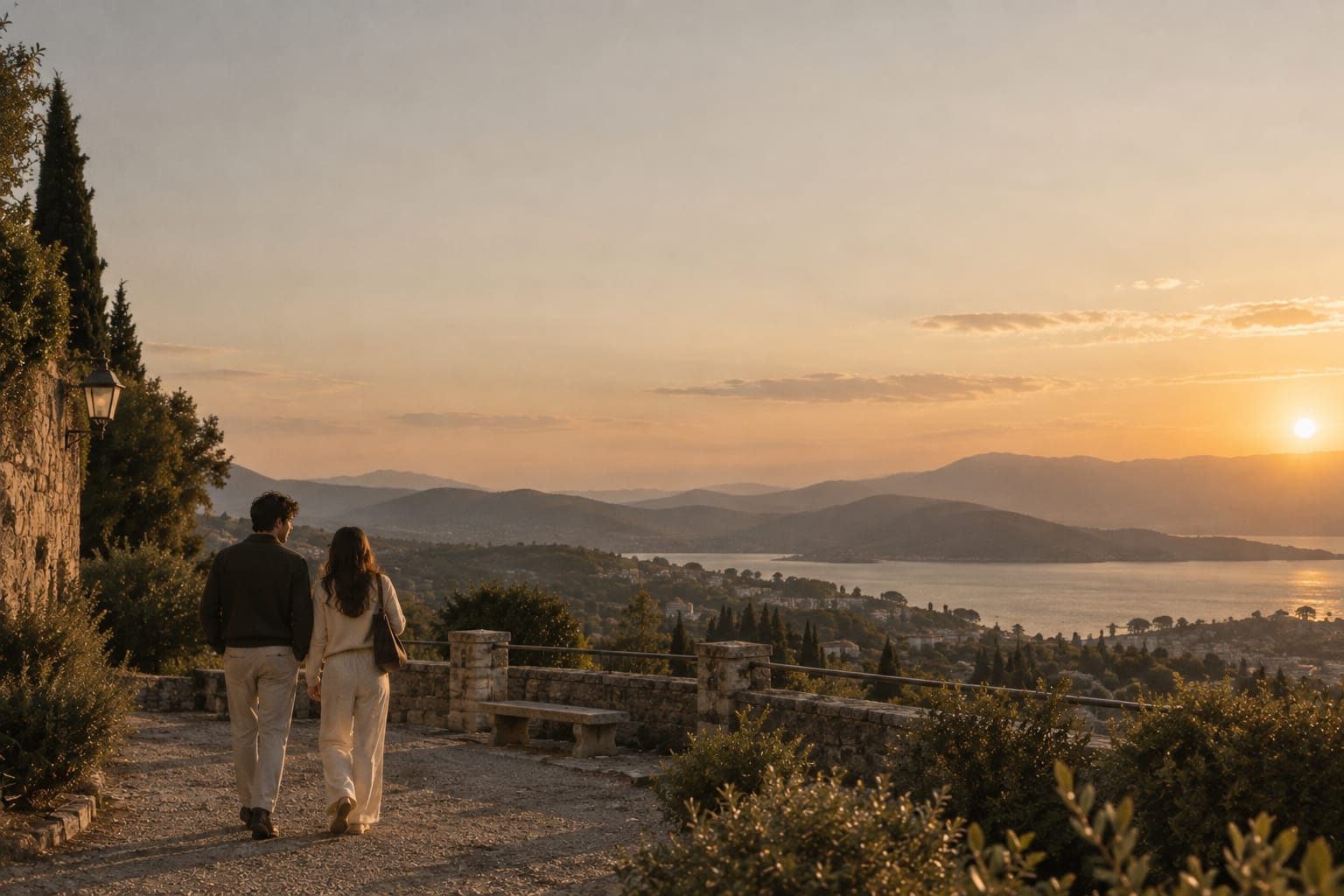 A couple walking away together along a path through open countryside.